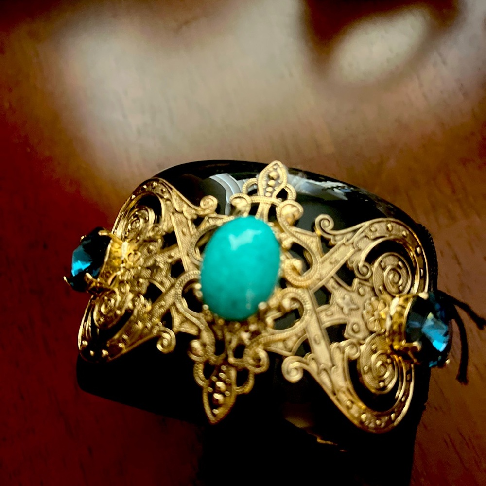 BRACELET~ Black lacquer heavy cuff with brass and stone embellishments. Gorgeous